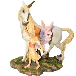 Vintage 2001 Fairy and Unicorn Figurine Gold Horn Fantasy Statue Pastel Decor